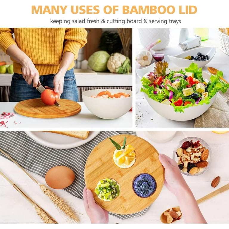 Salad Bowl with Lid, Natural Bamboo Fiber Serving Bowls Set of