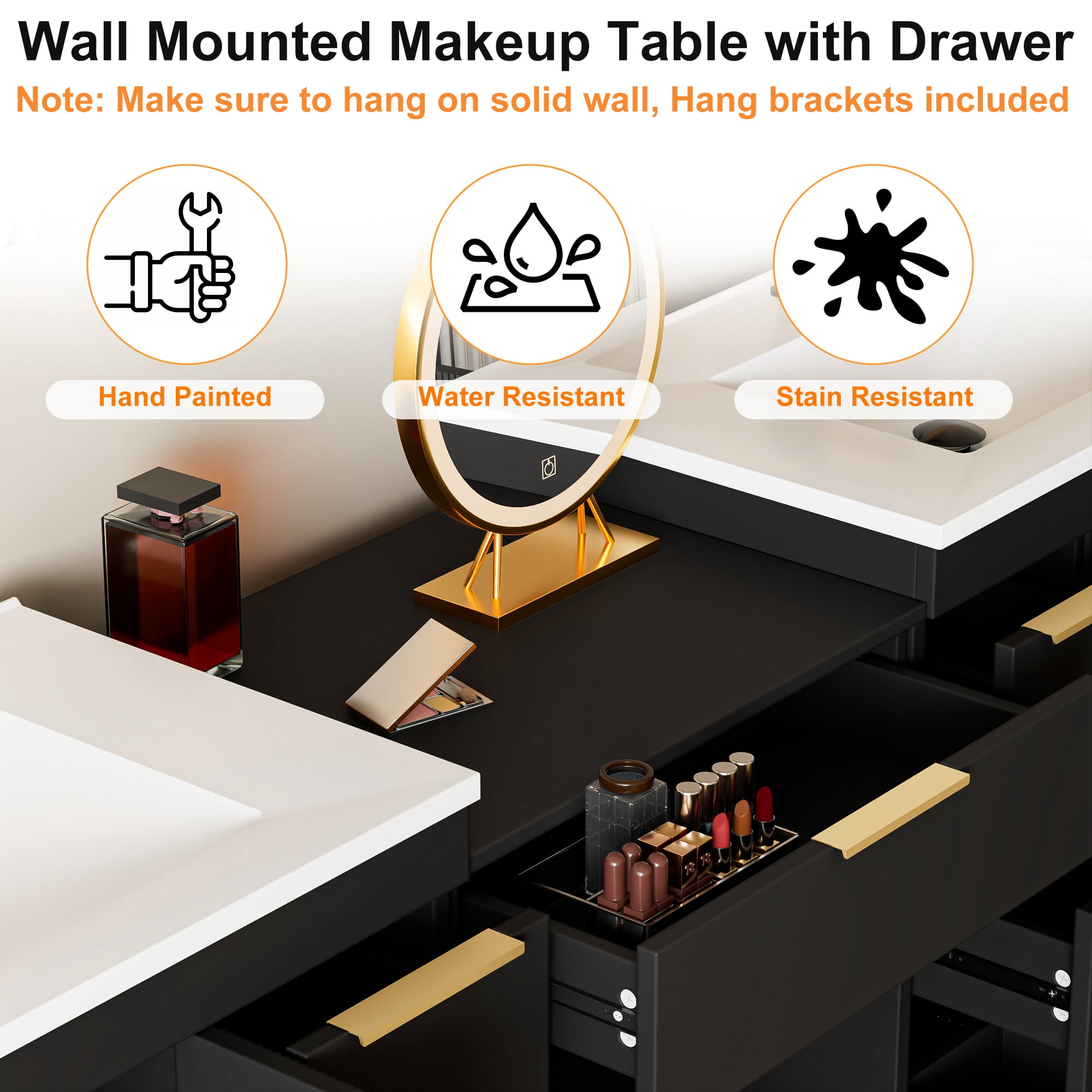 Eclife 84'' Bathroom Vanity with Double Integrated Sink, Wall-Mounted Makeup Table, Soft-Close Doors