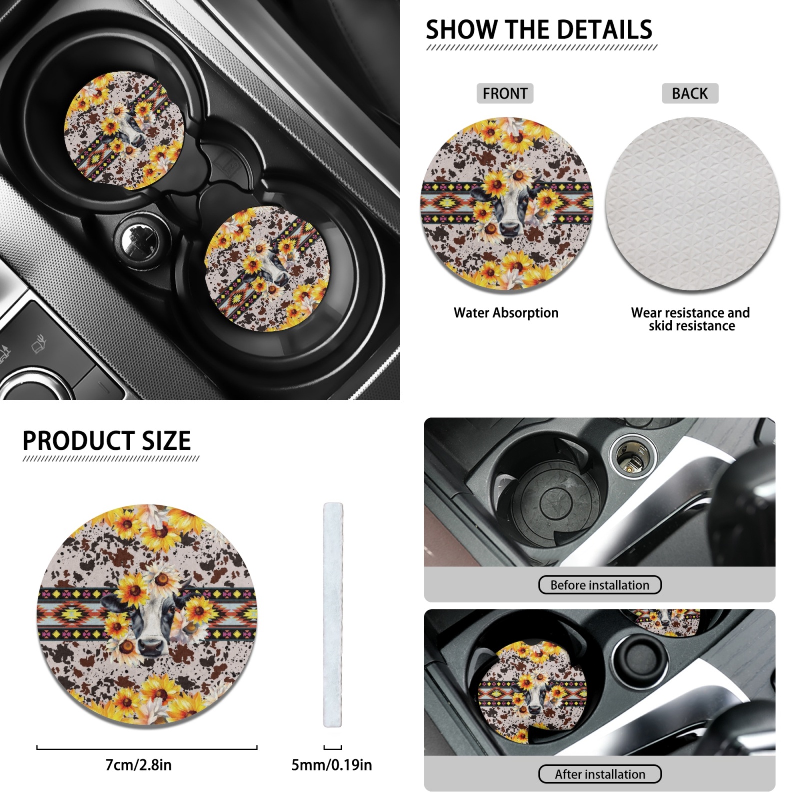 Renewold American Tribal Cow Sunflower Cow Print 12 Pieces Car Seat Cover Auto Steering Wheel Cover, Seat Belt Strap Wrap Cover Armrest Pad Handbrake Cover Gear Shift Cover Cup Holder Coasters