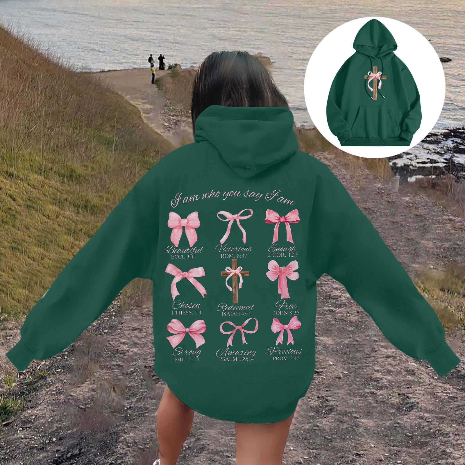 XIAOCHA Womens Hoodies Long Sleeve Cross Pink Bows Print Hooded Sweatshirts Loose Fit Kangaroo Pocket Drawstring Pullover Hooded