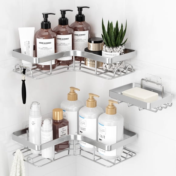 Sakugi Corner Shower Caddy - 3-Pack Shower Organizer with Soap Holder & Built-In Hooks, Rustproof Metal Shower Shelves, Laundry, Kitchen, Bathroom Or