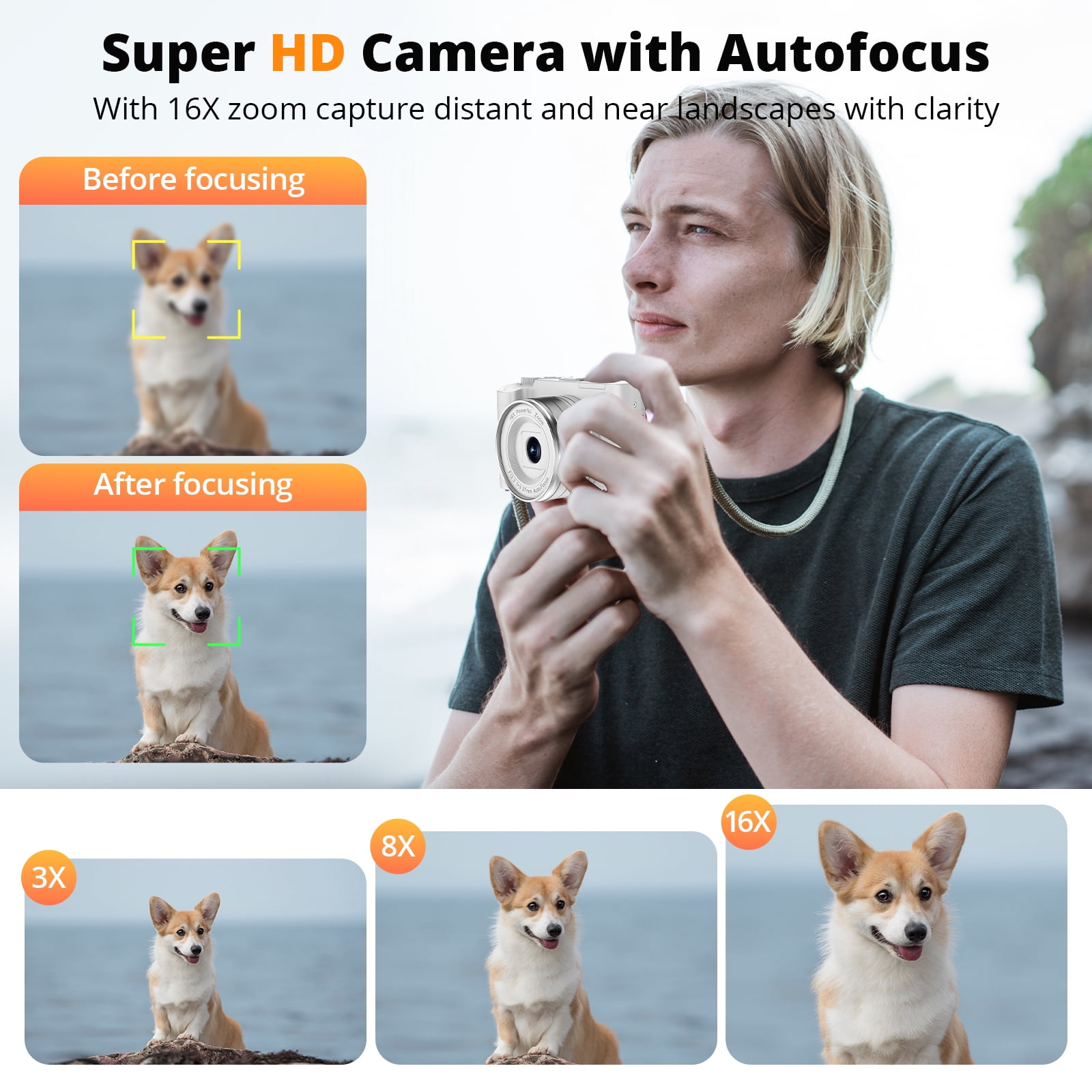 Digital Camera for Photography 4K 64MP Vlogging Camera for YouTube with 32GB SD Card, 2x Battery Charger, 16X Zoom Point and Shoot Video Camaras, Dual Lens Flash Autofocus (White)