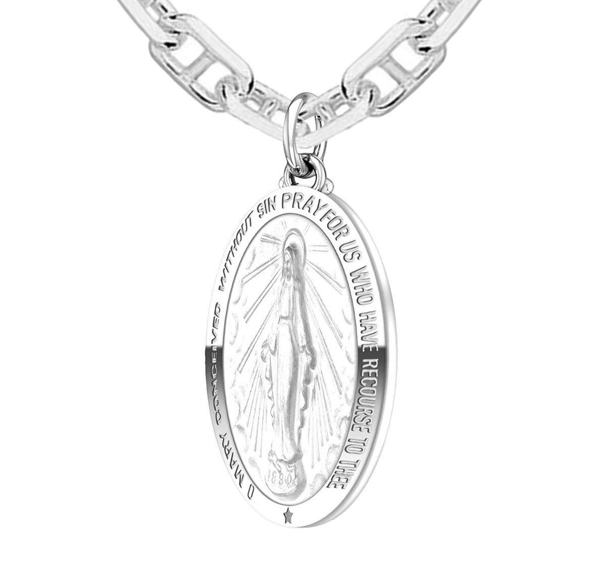 18-Inch Rhodium Plated Necklace with 4mm Aqua Birthstone Beads and Sterling Silver Saint Vincent de Paul Charm.