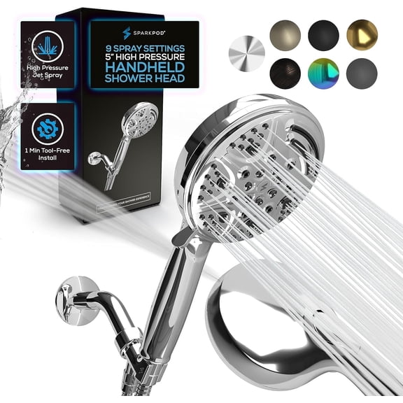 SparkPod Handheld Shower Head 5 Inch 9 Spray Settings With On/Off Switch (Luxury Chrome)