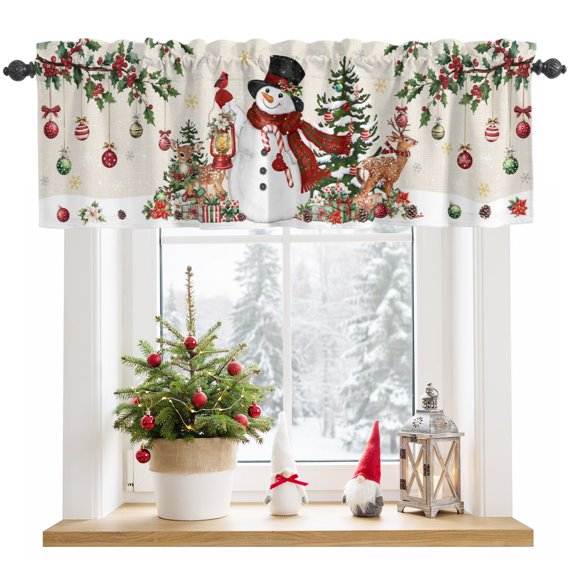 Window Valance for Kitchen, Retro Christmas Trees Snowman Elk Rod Pocket Curtain Valances Short Curtains, Xmas Balls on Linen Window Treatment Topper for Living Room Bathroom Bedroom 42x12in
