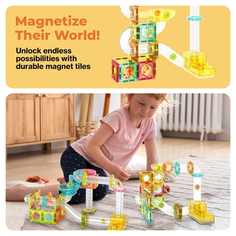 PicassoTiles 100PC Marble Run + 80PC Magnetic Race Car Track – STEAM Learning Playset For Kids