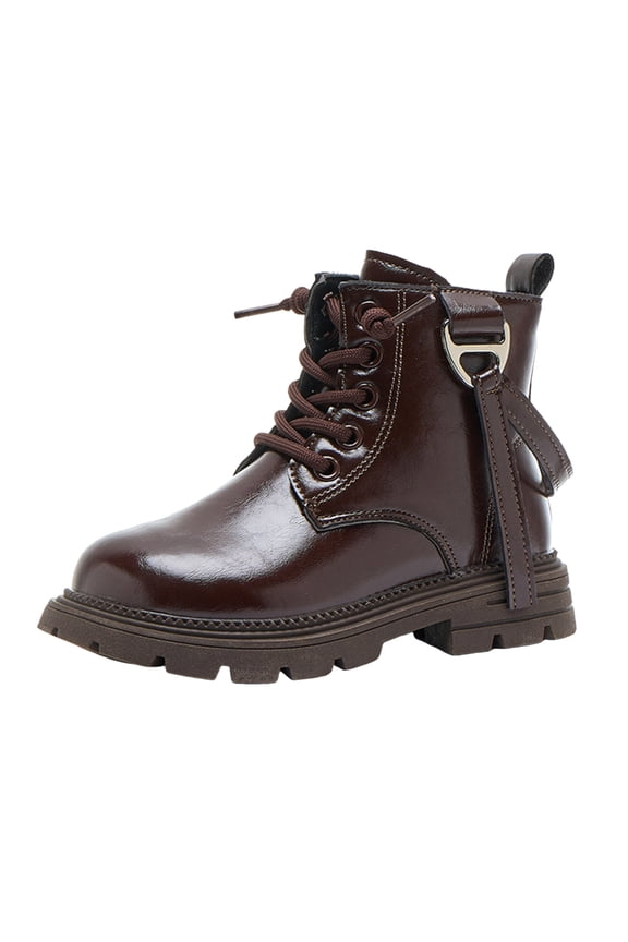 Toddler Girls Mid Calf Brown Combat Boots Platform Fashion Lace Up Side Zipper Patent Leather Fall Booties