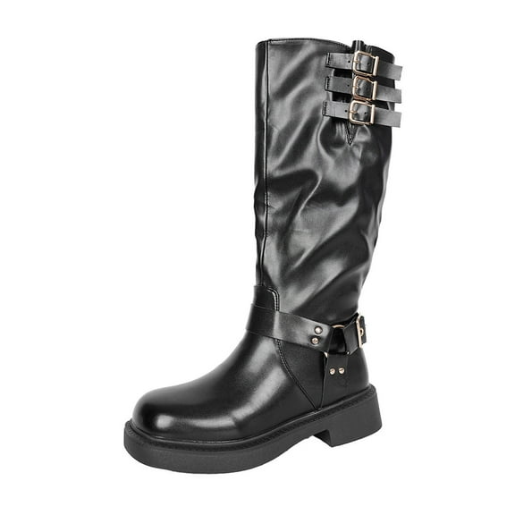 Xfvqtps Womens British Style Knee High Boots with Buckle Detail Chunky Low Heel Side Zipper Riding Boots Faux Leather Fashion Boots Black