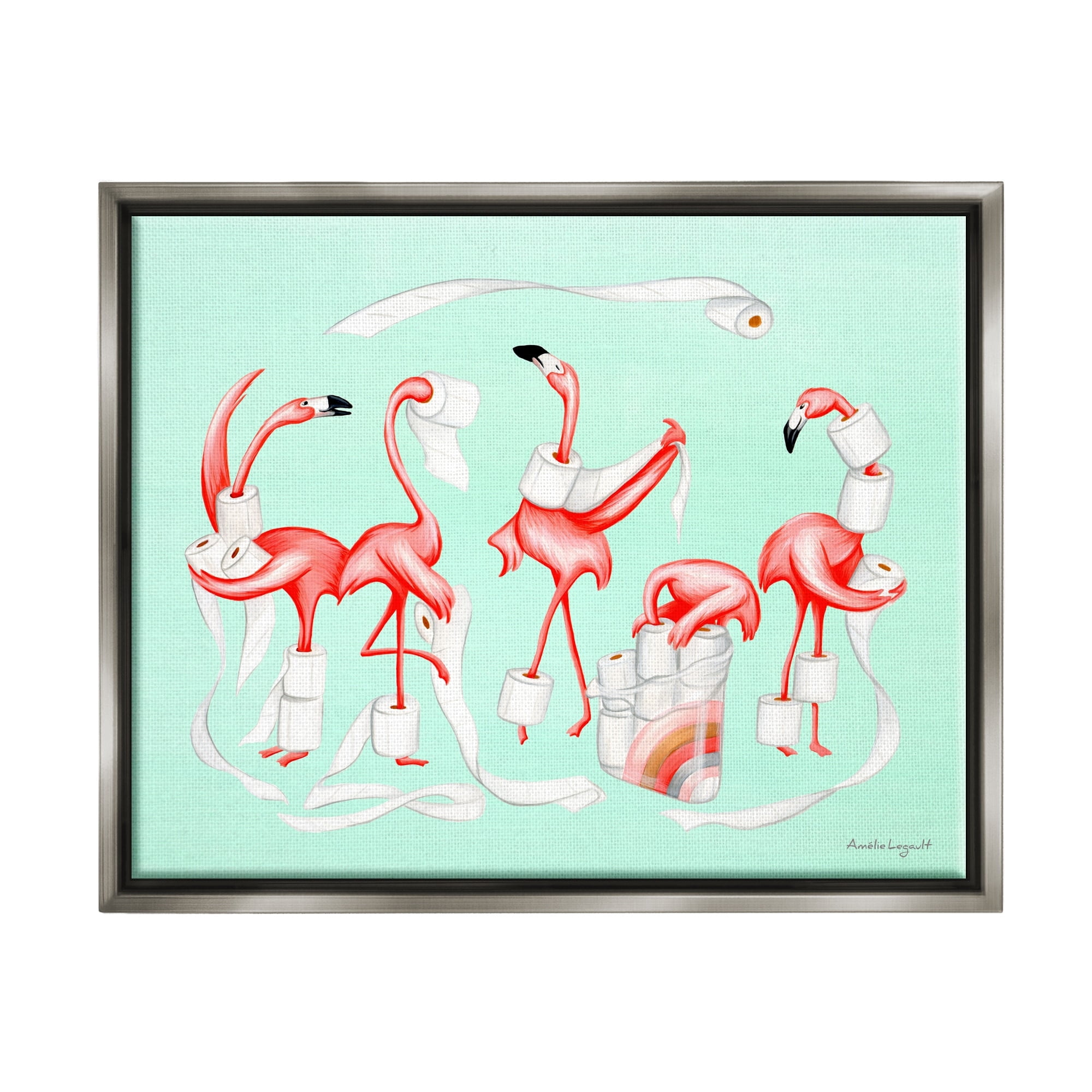 Stupell Industries Silly Flamingos Toilet Paper Rolls Bathroom Illustration Graphic Art Luster Gray Floating Framed Canvas Print Wall Art, Design by Amelie Legault