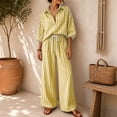 thumbnail image 6 of Womens Striped Set 2 Piece Outfits 3/4 Puff Sleeve V Neck Top and Drawstring High Waist Palazzo Pants, XL, 6 of 6