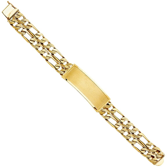 Wellingsale 14k Yellow Gold Solid Solid Polished Mens 2 Line Nugget Figaro Link ID Bracelet - 8.5"