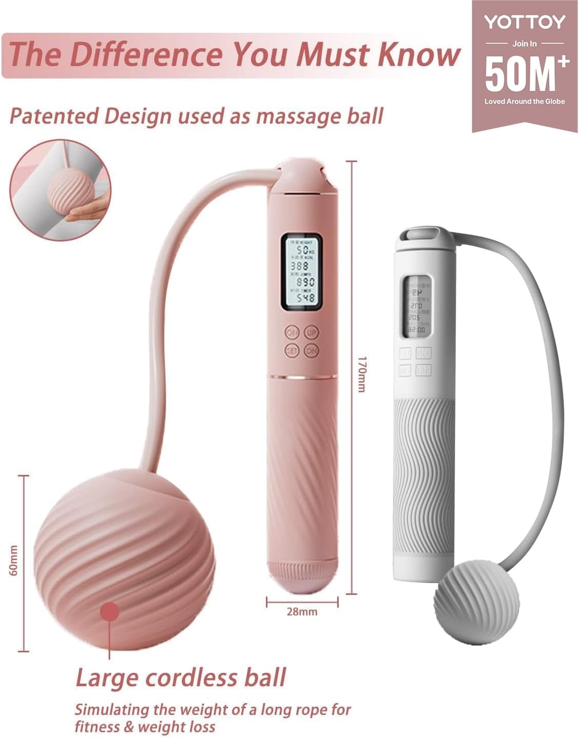 Skipping for Adults -Cordless Counter Jump Rope with Large Cordless Ball-Weighted Jump Rope for Women with LCD Display
