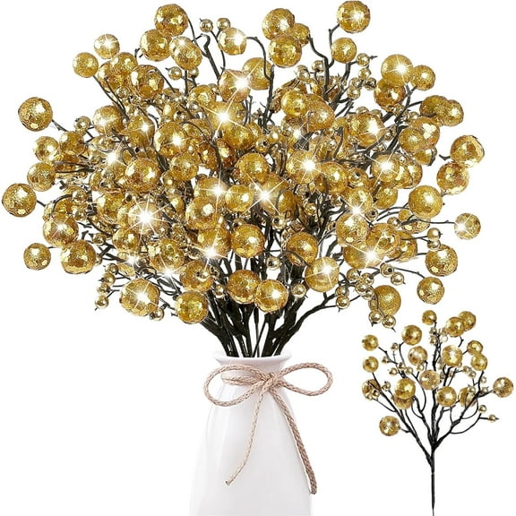 QZS 12Pcs Christmas Picks,11.4In Golden Holly Berries Picks Ornaments,Branches Twigs Sticks Sprigs Christmas Tree Decorations for Tree,Indoor,Wreaths,Holiday