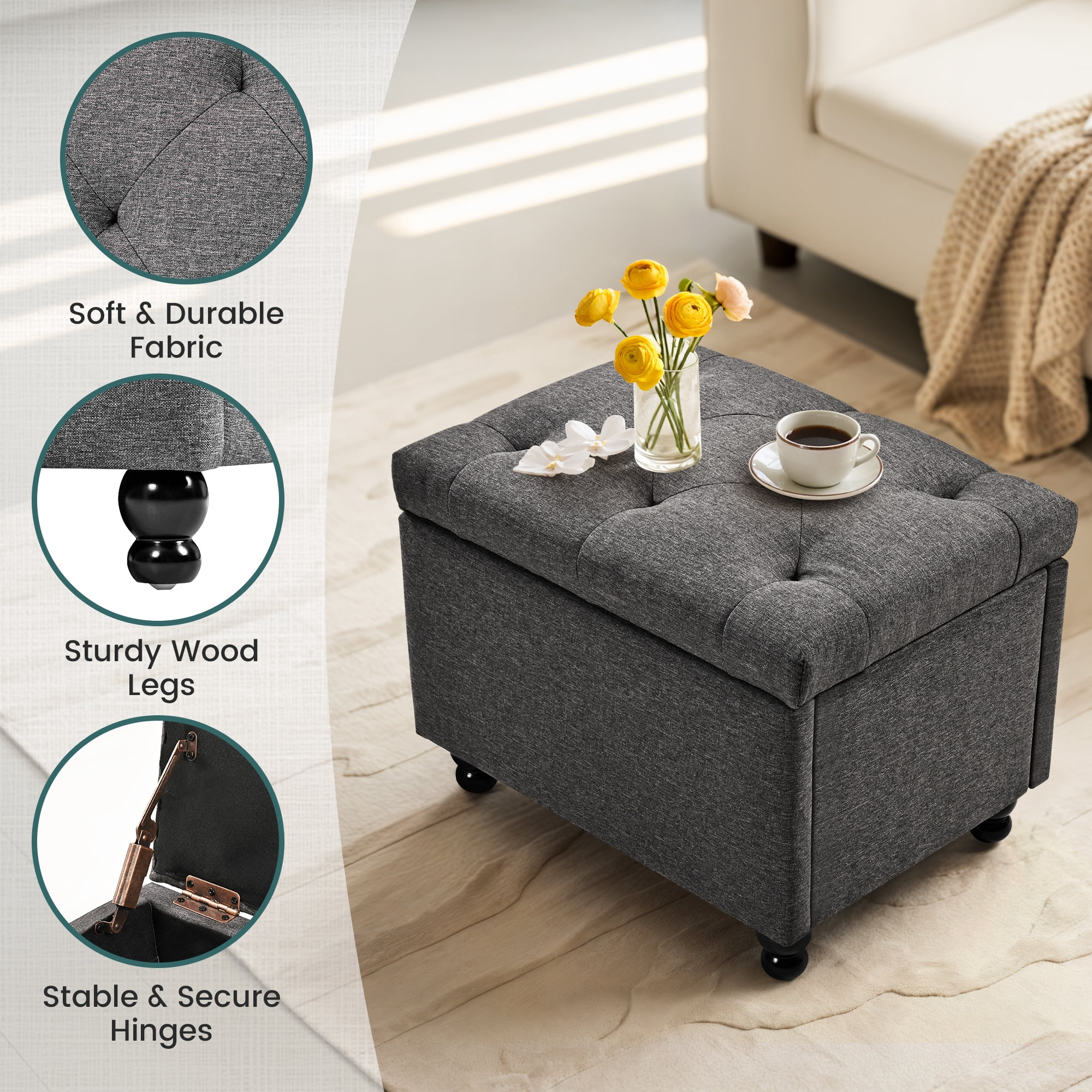 Pamapic 24" Faux Linen Rectangle Storage Ottoman,  Multifunctional Shoe Stool for Entryway in Grey
