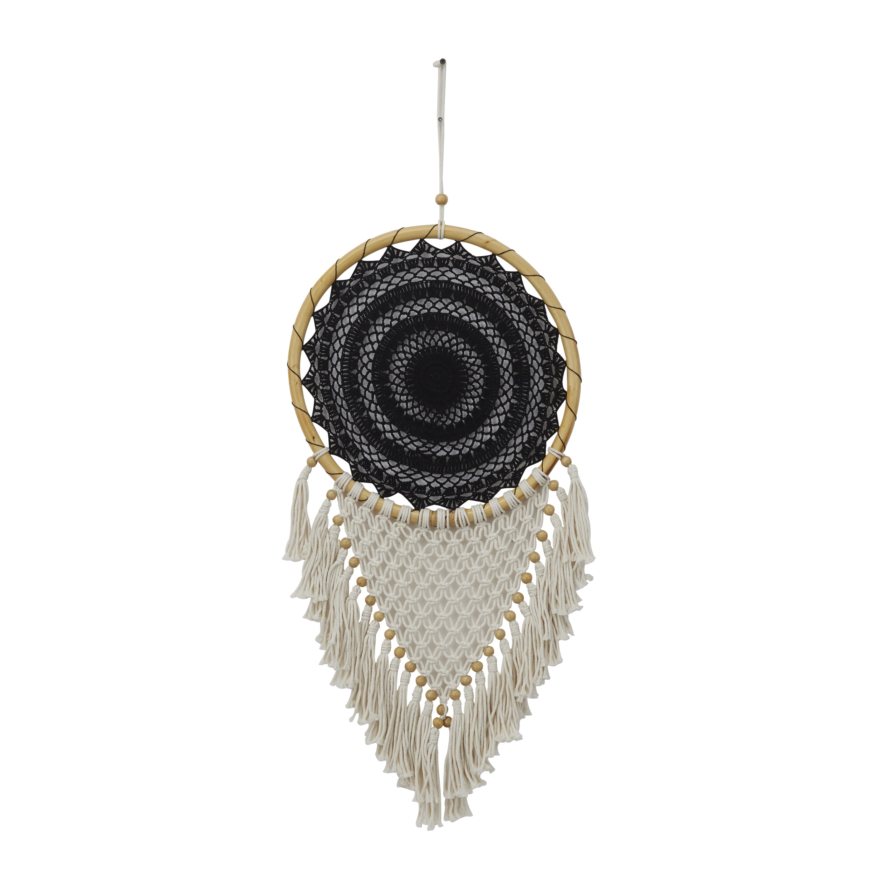 Solid Handmade Intricately Woven Macrame 16" x 42" Dreamcatcher Wall Decor with Beaded Fringe Tassels, by DecMode