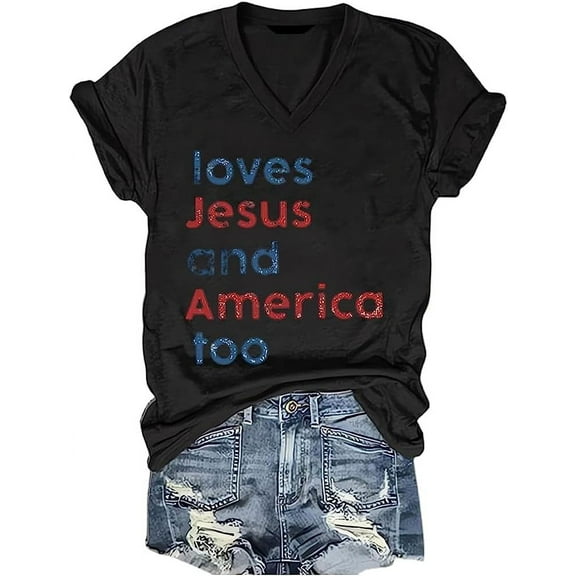 Woxlica Loves Jesus and America Too Shirt Womens Patriotic Tops 4th of July Shirts Graphic Tee