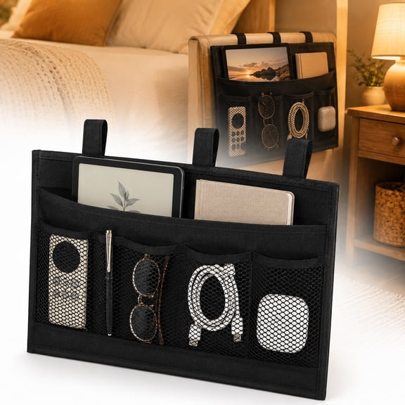 Bedside Caddy Storage Organizer, Hanging Storage Bag Pocket for Bunk/Hospital Beds,College Dorm Organizer for Remotes Phone,College Dorm,Camp,Baby Bed Rails(4 Pockets),Black