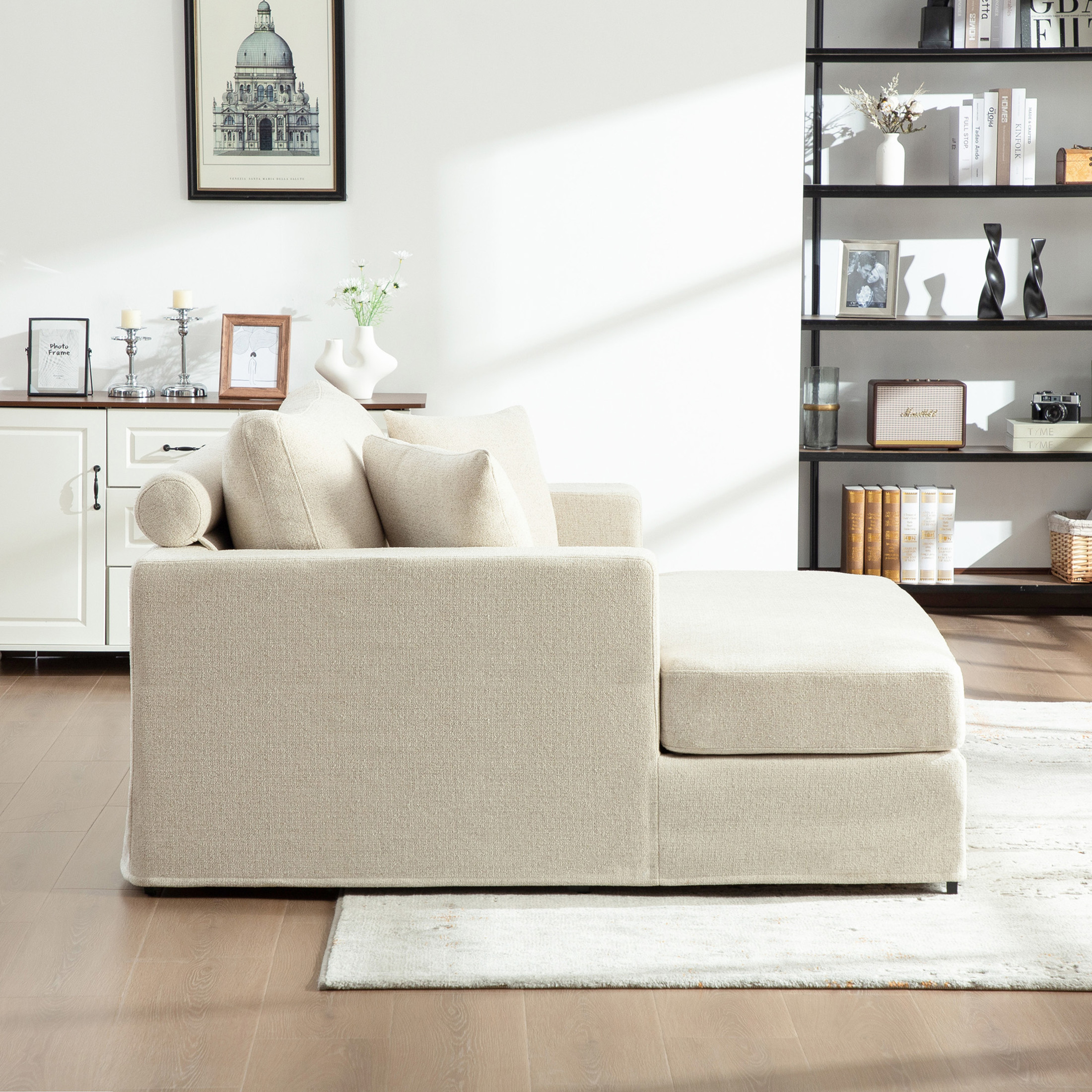 Noble House Auburn 56" Chenille Sofa Bed, Extra Wide Sleeper Chair with Metal Legs for Living Room, Apartments, Beige