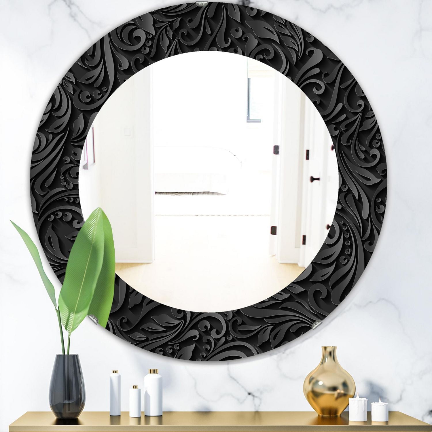 Designart 'Obsidian Impressions 10' Modern Mirror - Oval or Round Wall Mirror - 24x24
