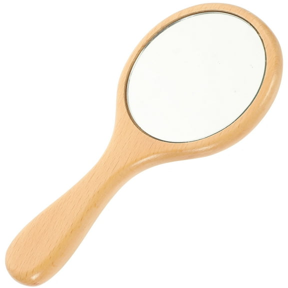 MLINS Khaki Handheld Makeup Mirror with Wooden Handle, Clear Glass Compact Mirror for Women and Travel
