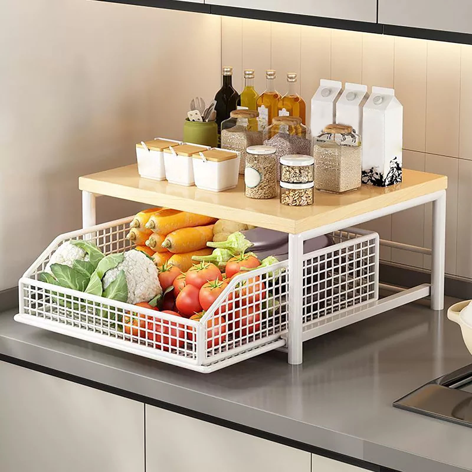 Barhoo Metal Storage Rack With Drawers B, Extra-Large Capacity Sturdy Durable Kitchen Counter Organizer for Utensils, Space-Saving Cabinet, 1Pc