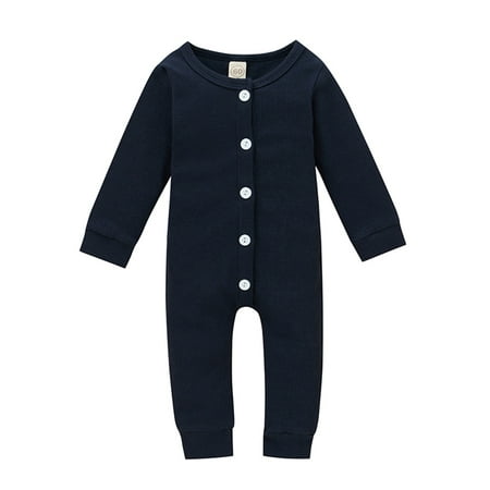 

IZhansean Newborn Baby Girl Boy Spring Autumn Clothes Long Sleeve Button Romper Jumpsuit Casual Outfits Dark Blue 18-24 Months