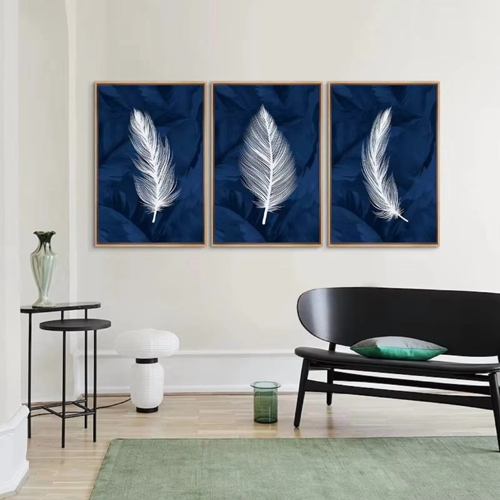 3pcs White Feather Canvas Prints, Modern Minimalist Navy Blue Wall Art, Frameless Landscape Theme Posters for Living Room Bedroom Home Decor