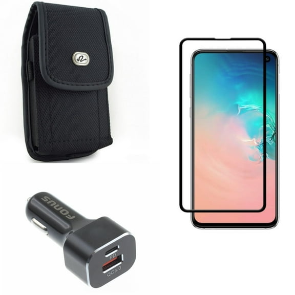 Galaxy S10e Quick Car Charger w Screen Protector w Case Belt Clip - 36W 2-Port USB Type-C PD, Tempered Glass 5D Curved Edge, Rugged Holster Canvas for Samsung Galaxy S10e Phone
