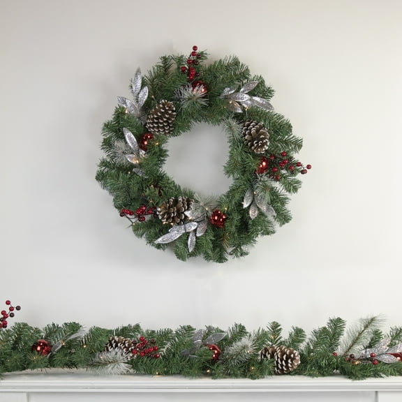 Northlight Pre-Lit Battery Operated Frosted Pine Cone and Berries Christmas Wreath - 24" - White LED