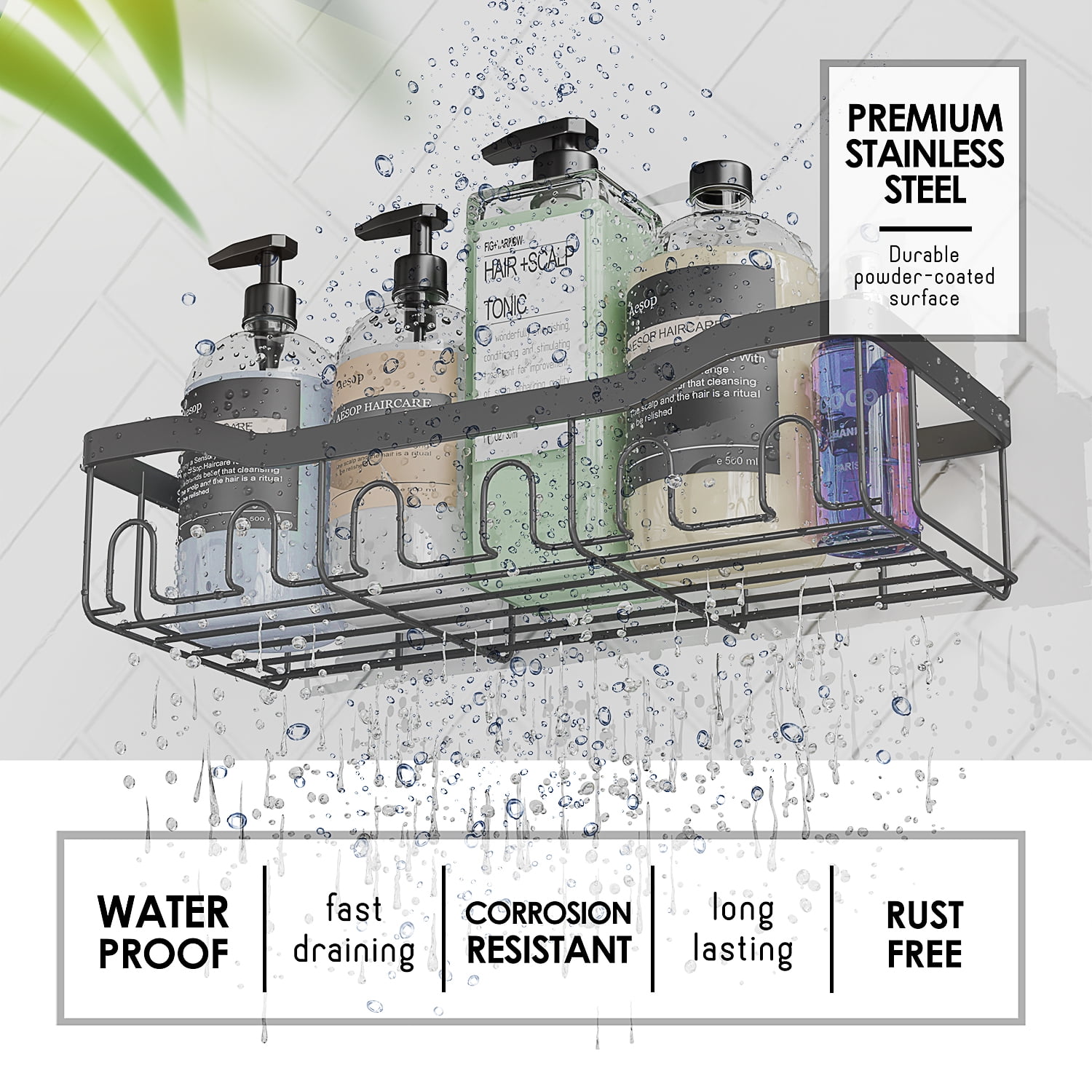 Virtu 5 Pack Adhesive Steel  Shower Caddy Organizer, Heavy Duty Stainless Steel Rustproof Shower Caddy, Gray