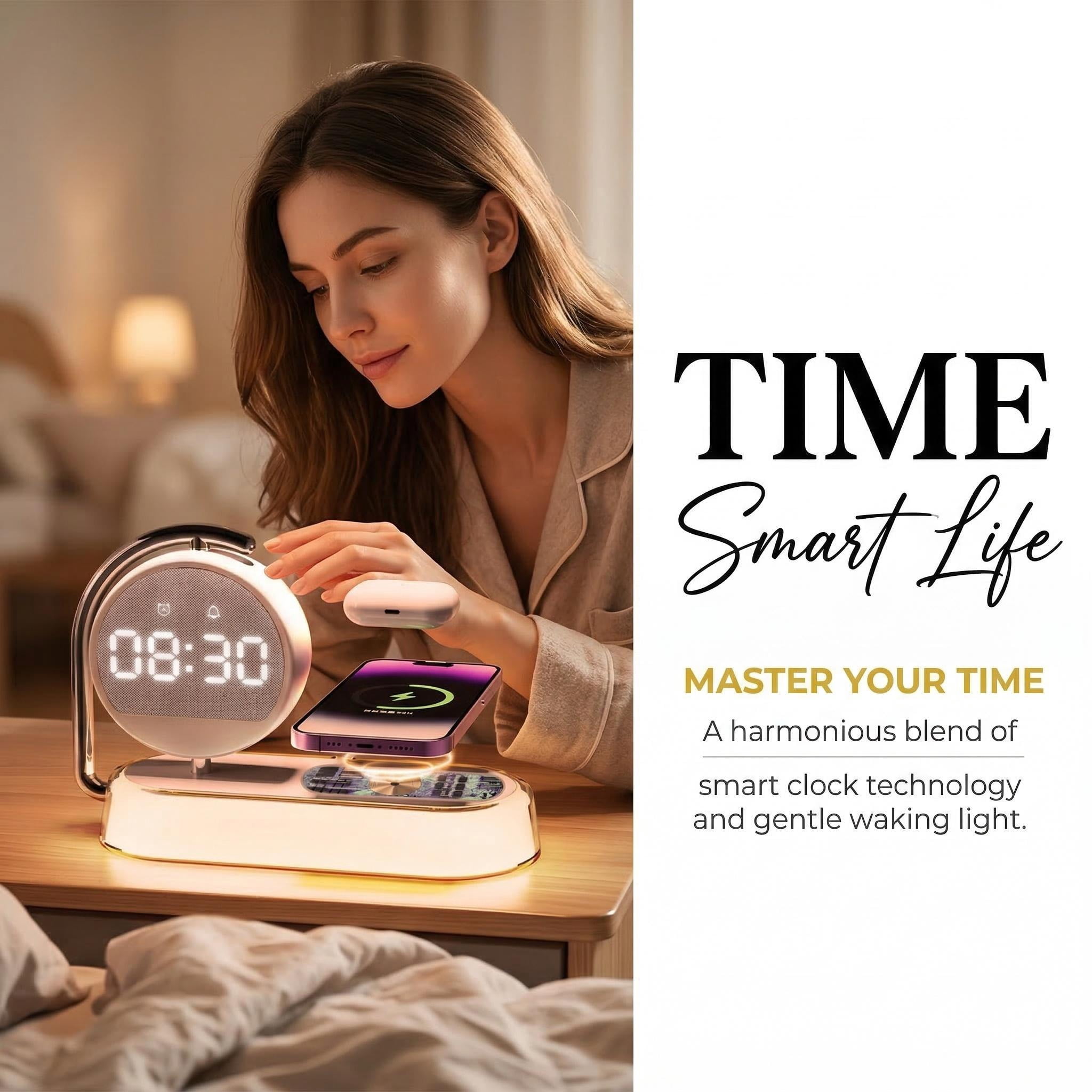 15W Wireless Charger Alarm Clock – Multifunctional night light with 360° rotatable display, 3500K eye-care warm light, touch control, alarm. Includes Type-C cable, safe for bedside desk charging