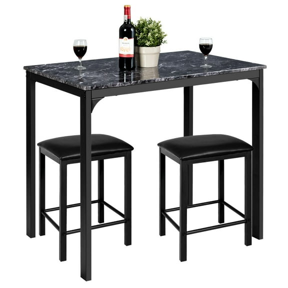 NNYYS Dining Table Set for 2 w/Faux Mable Tabletop and PU Leather Stools, 3 Pieces Table and Chairs, 2 Person Kitchen Table Set for Bistro, Cafe