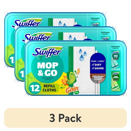 (3 pack) Swiffer Mop & Go Wet Refills, Gain, 12 Count