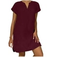 thumbnail image 2 of Women's V-Neck Short Sleeve Linen-Look Dress, Comfortable Casual Summer Tunic with Relaxed Fit, Limited Time Offer Under 10 Dollars, 2 of 6