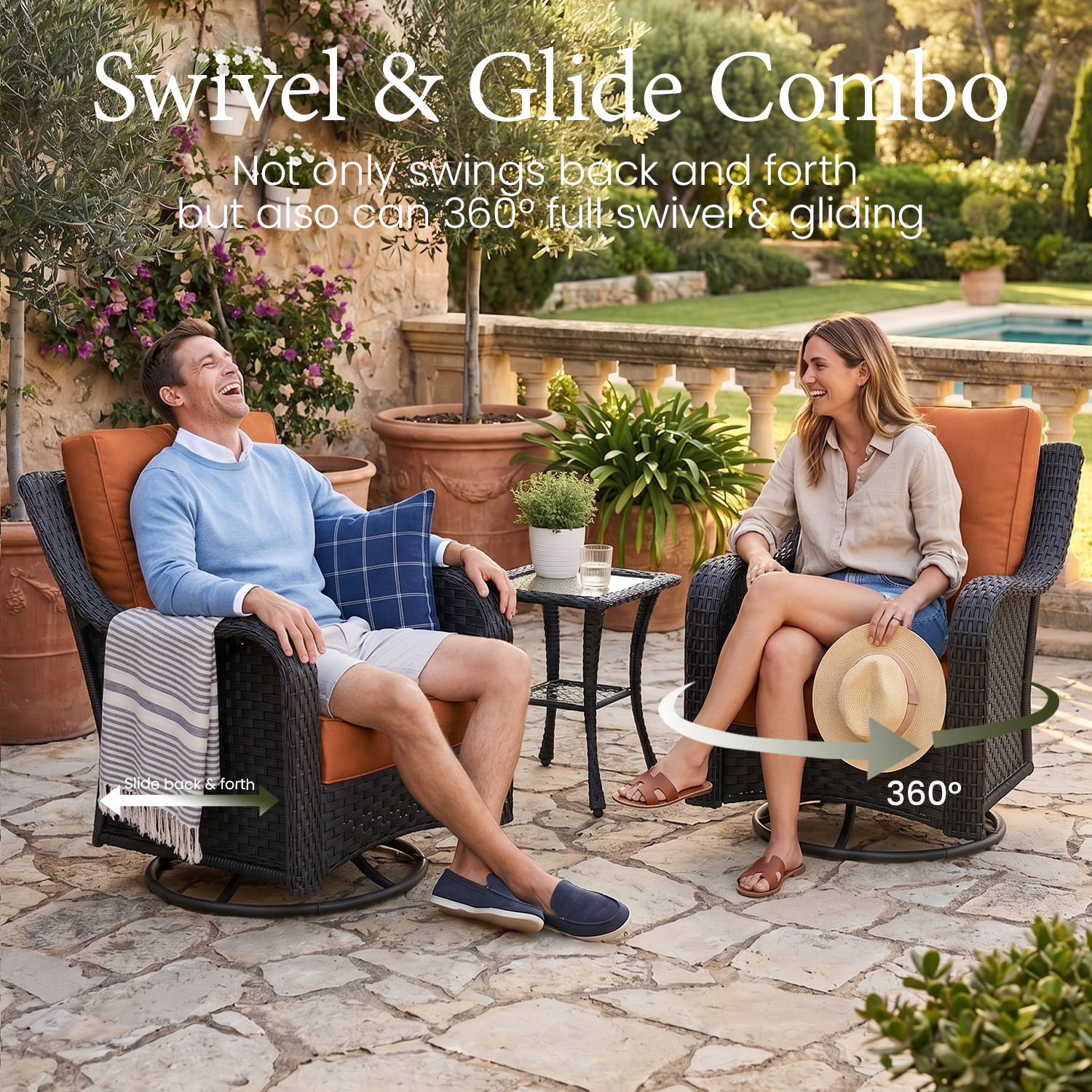 LayinSun 5 Pieces Patio Furniture Sets with Fire Pit Table, Outdoor Wicker Conversation Set with Swivel Chairs and 6" Thick Cushion for Deck Garden Backyar