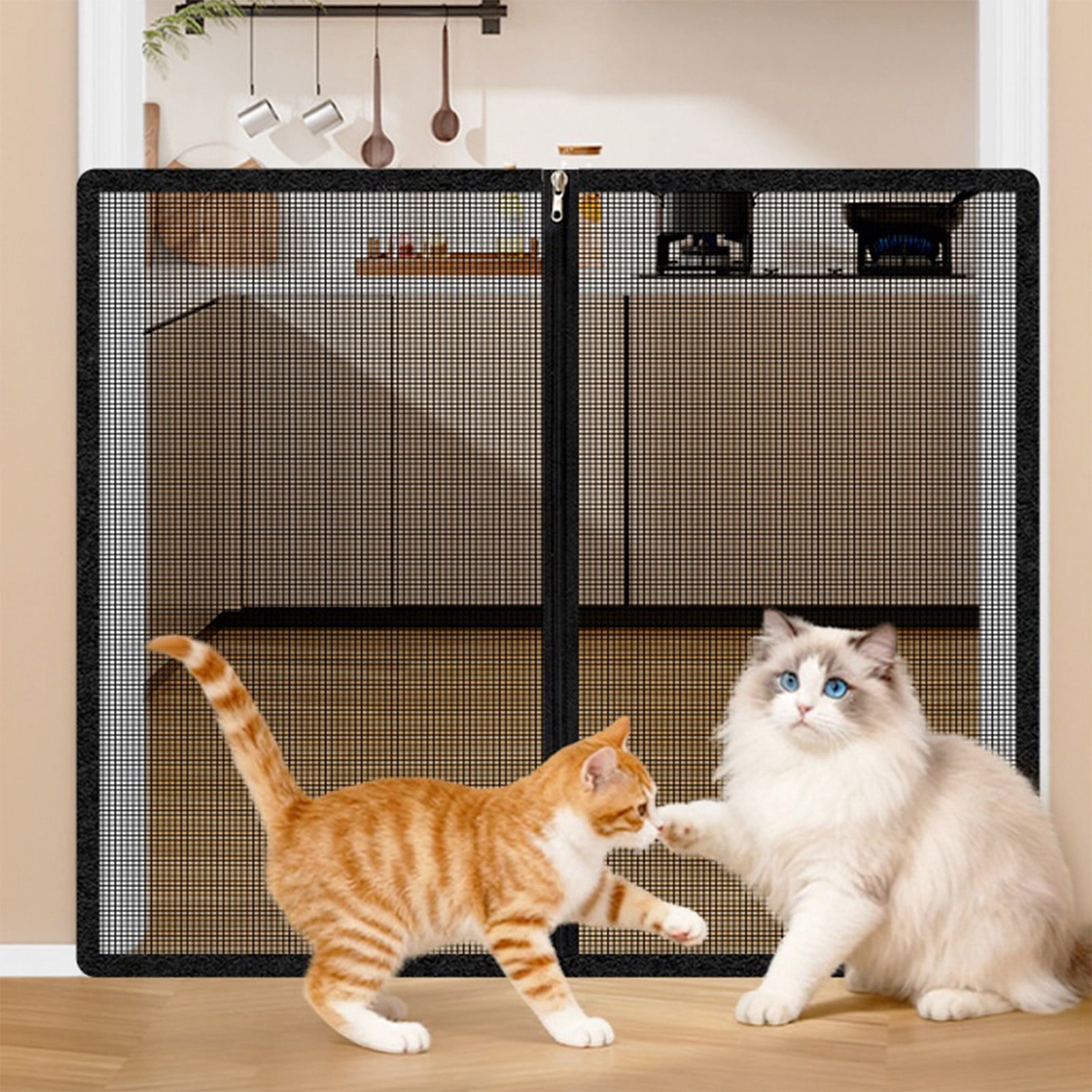 cpengpj No Drill Pet Barrier with Zippered Door, Black Polyester Mesh Gate for Cats and Dogs, Escape Proof, Easy Installation, Home Safety, 85x85cm