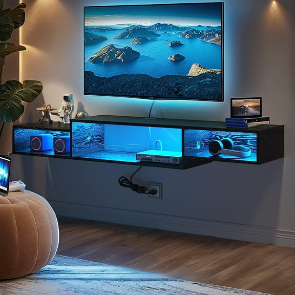 DreamCurship 59" TV Stand, Floating TV Stand with LED Lights & Power Outlet, Wall Mounted Entertainment with Storage, Media Console Shelf for Living Room , Black