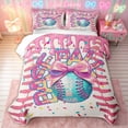 thumbnail image 2 of meiyoeat Kawaii Bowknot Baseball Quilt King for Girls, Sweet Bow Ice Cream King Coverlet Set, Pink Blue Yellow, 3-Piece, 1 Comforter and 2 Pillowcases, 2 of 7