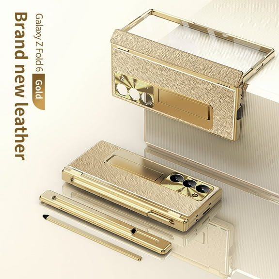 New for Samsung Galaxy Z Fold 6 Case with S Pen Holder & Stylus, Luxury Leather Case Replacement Hinge Protection Cover Built in Screen Protector Protective Shell for Galaxy Z Fold 6 ,Gold