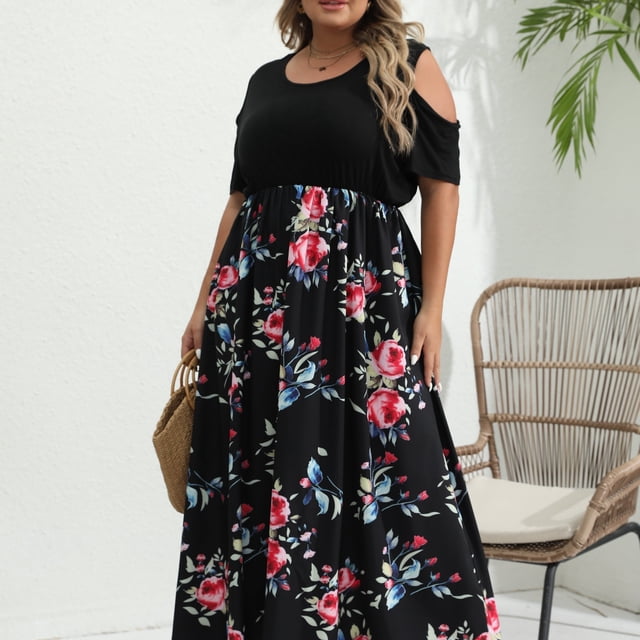 Vestido largo con hombros descubiertos y estampado degradado de talla grande, vestido de fiesta largo de manga corta elegante con estiramiento ligero para mujer