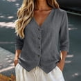 thumbnail image 2 of bovemsi Blouses for Women Dressy Casual Cotton Linen V Neck 3/4 Sleeve Button Down Color Shirts Cute Summer Tops, 2 of 6