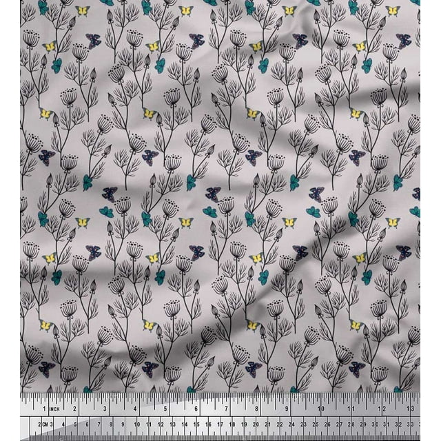 Soimoi Tissu Popeline de Coton Gris Imprimé Artistique Insectes & Floral au Mètre 42 Pouces de Large