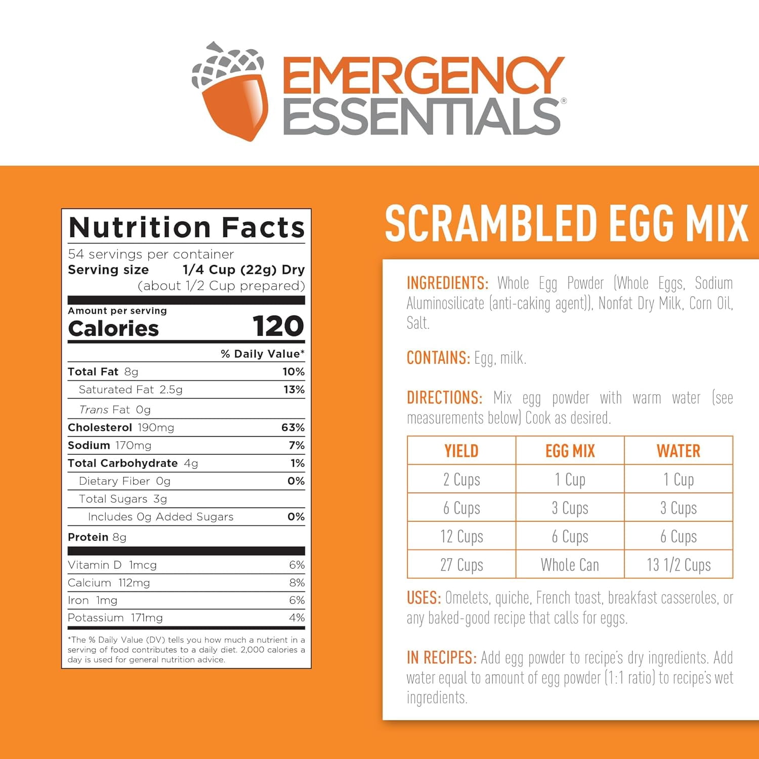 Emergency Essentials Scrambled Egg Mix #10 Can | Bulk Freeze-Dried Eggs for Long-Term Storage | Gluten-Free | 54 Servings | Camping & Emergency Breakfast