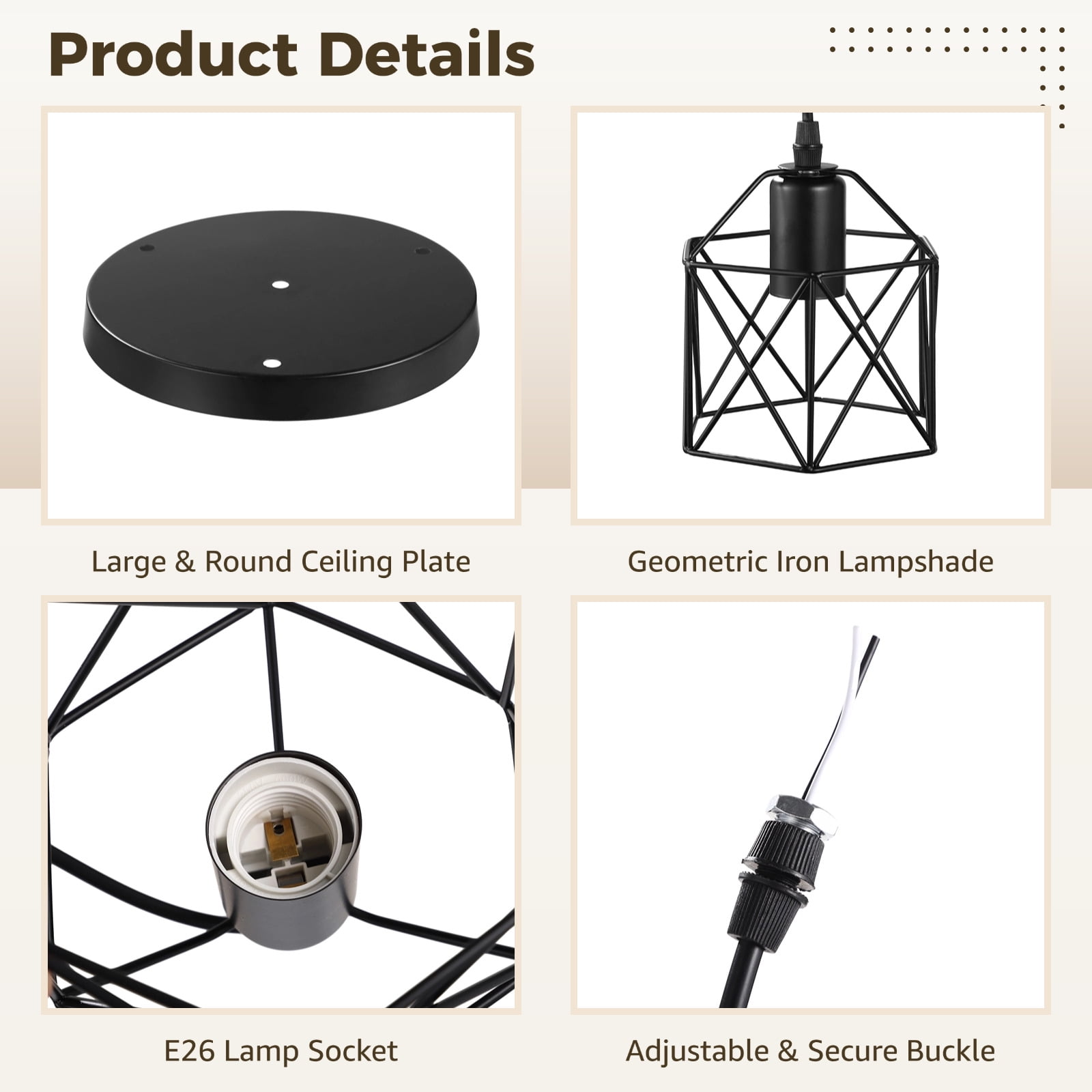 3-Light Ceiling Pendant Light, Flush Mount Hanging Light Fixture with Adjustable Cords, Geometric Iron Lampshades, E26 Base for Kitchen, Dining Room, Living Room, Bedroom Lighting