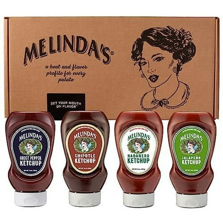 Melinda’s Inspired by Fire Spicy Ketchup Collection - Gourmet Ketchup Variety Pack with Real Sugar, No High Fructose Corn Syrup - Includes Chipotle, Ghost, Habanero & Jalapeño Ketchup - 14 oz, 4 Pack