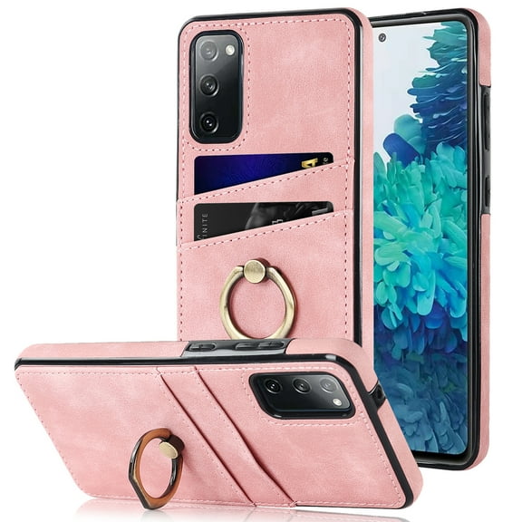 PU Leather Case for Samsung Galaxy S20 FE 6.5 Inch with Ring Holder Kickstand Card Slots Slim Fit Cover, Soft TPU Bumper Shockproof Non-Slip Protective Phone Case for Samsung Galaxy S20 FE,Pink