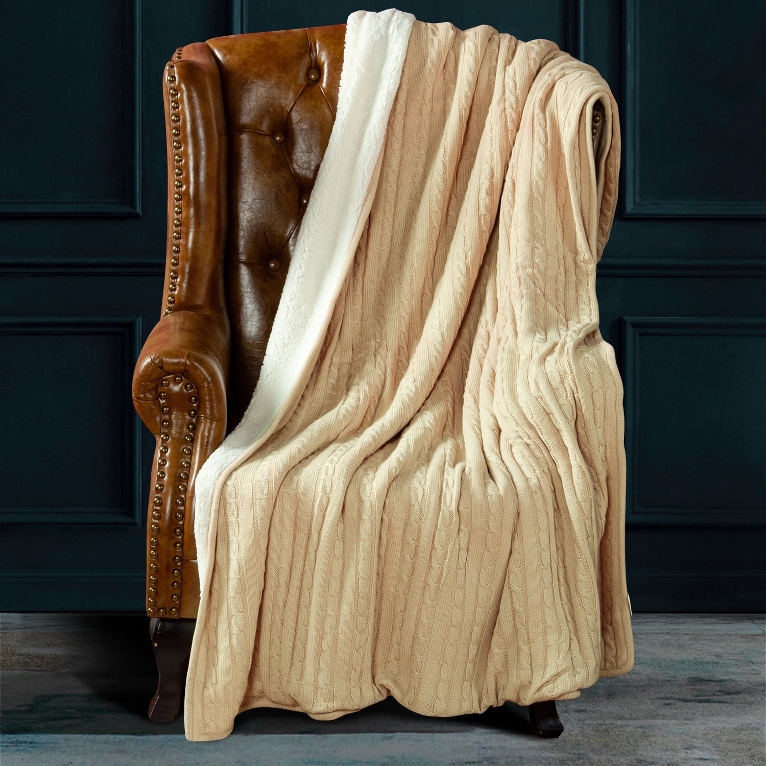 Ntbay Cotton Cable Knit Sherpa Throw Blanket for Couch, Soft Warm Fleece Knitted Throw for Bed, Sofa, Chair - Extra Cozy, Machine Washable, Comfortable Home Decor, 51"x67", Khaki