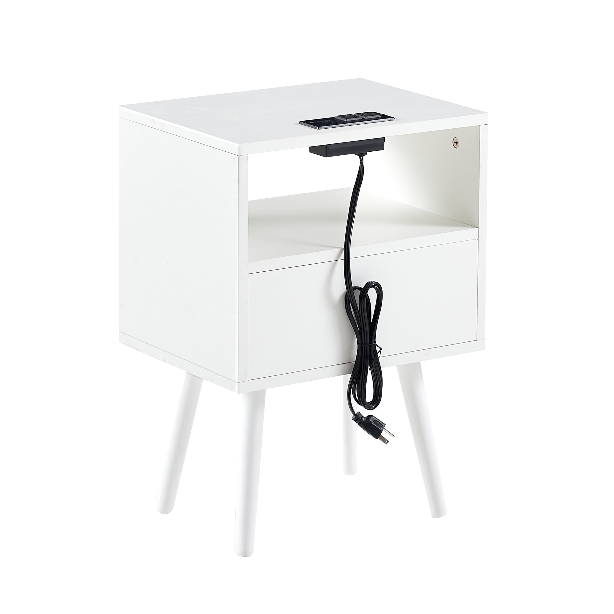 Aukfa Modern Nightstand Rattan End table with Power Outlet,USB Port for Living Room Bedroom,White