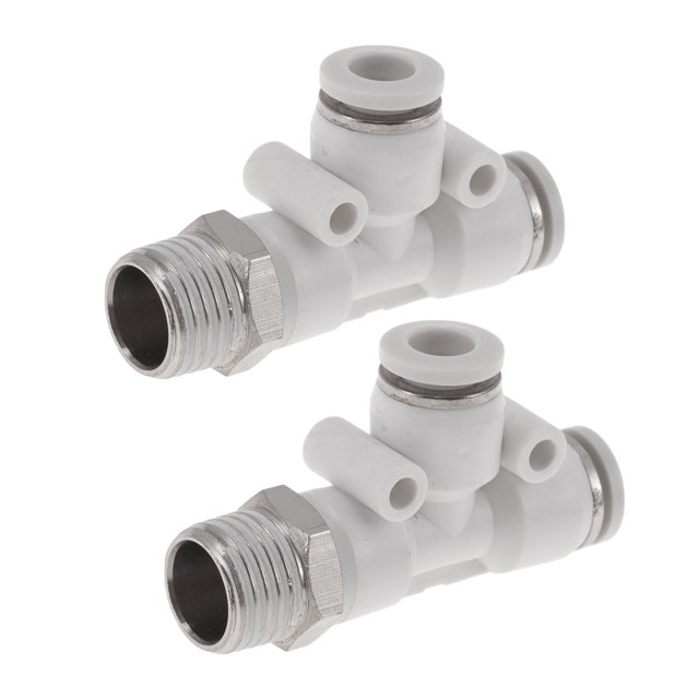Conectores de aire en T de 1/4" para manguera, 2 piezas, tono blanco y plateado