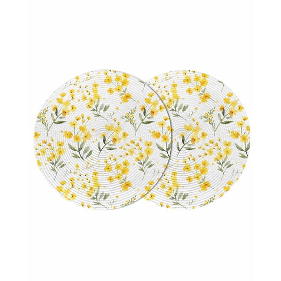 Yellow Flowers Spring Round 13 Inch Placemats Set of 2, Elegant Farmhouse Botanical HeatResistant Non Slip Place Mats for Dining Table, Wipeable Braided Kitchen Table Mats for Housewarming